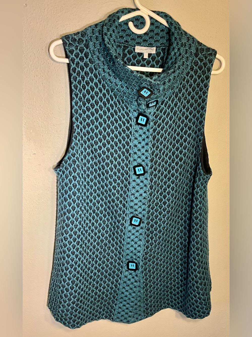 Habitat Knit Textured Teal Openwork Sleeveless Hip Button Tank cotton cardigan L